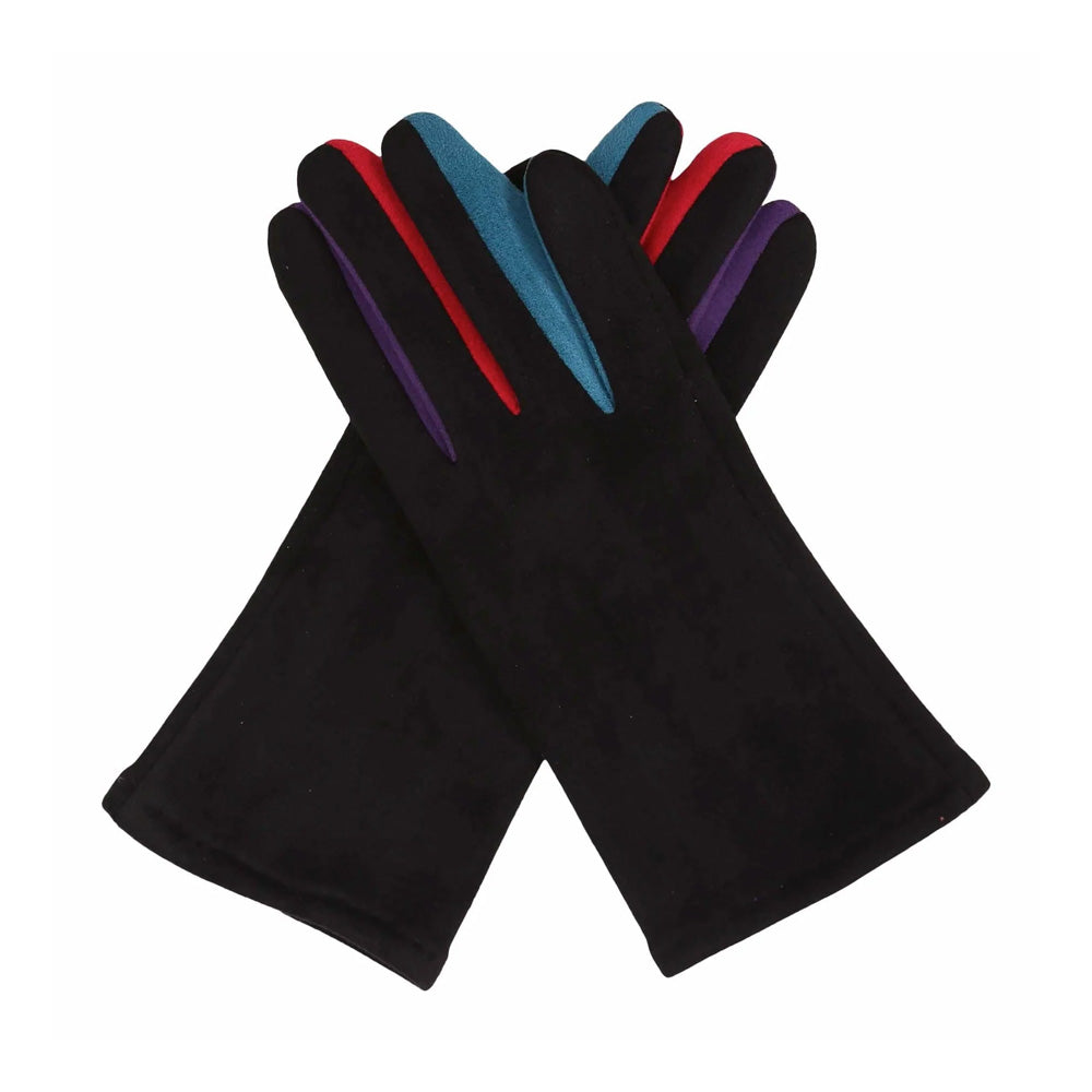 Guggenheim Museum Multicolor Touch Screen Gloves feature black fabric and red, blue, and purple tipped fingertips.