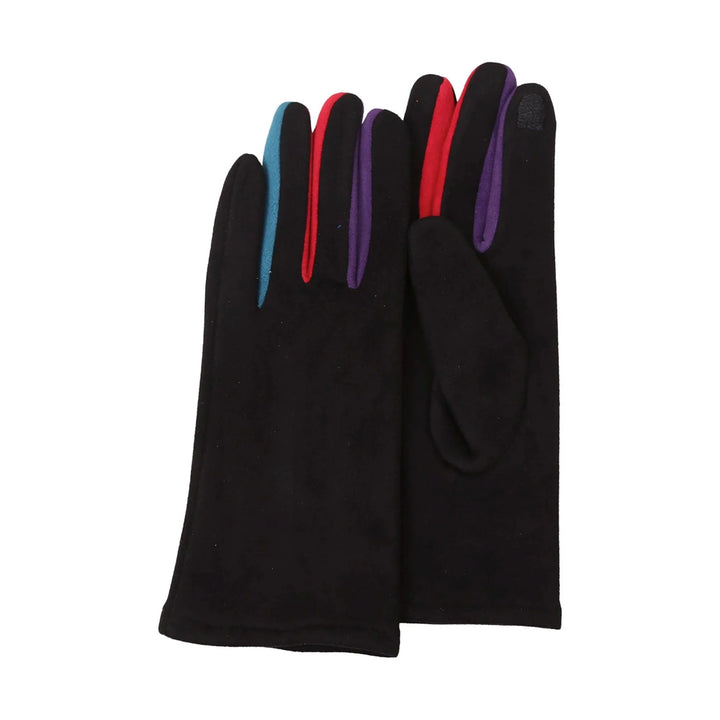 Guggenheim Museum Multicolor Touch Screen Gloves: black faux suede, blue, red & purple trim on three fingers.
