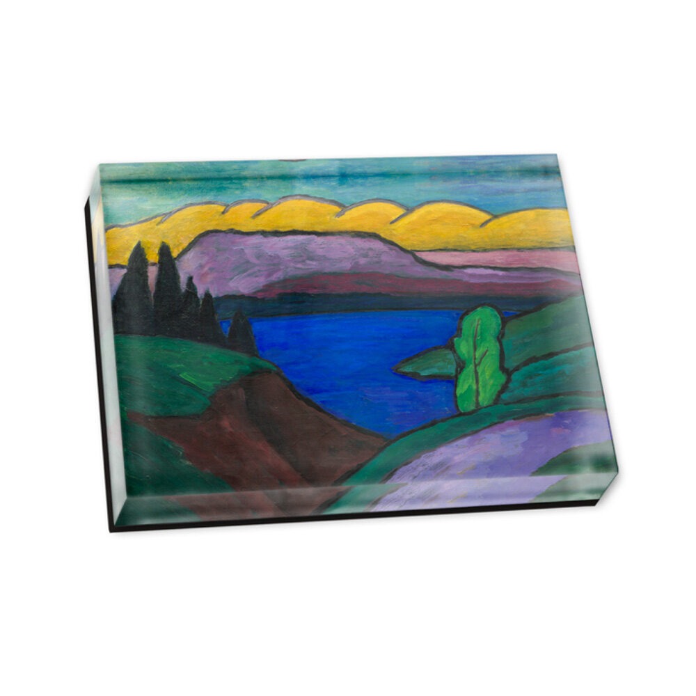 Vivid landscape magnet featuring rolling green hills, a bright blue lake, dark trees, purple mountains, and a yellow sky with sweeping clouds. Gabriele Münter’s "The Blue Lake" artwork beautifully displayed on an acrylic magnet.