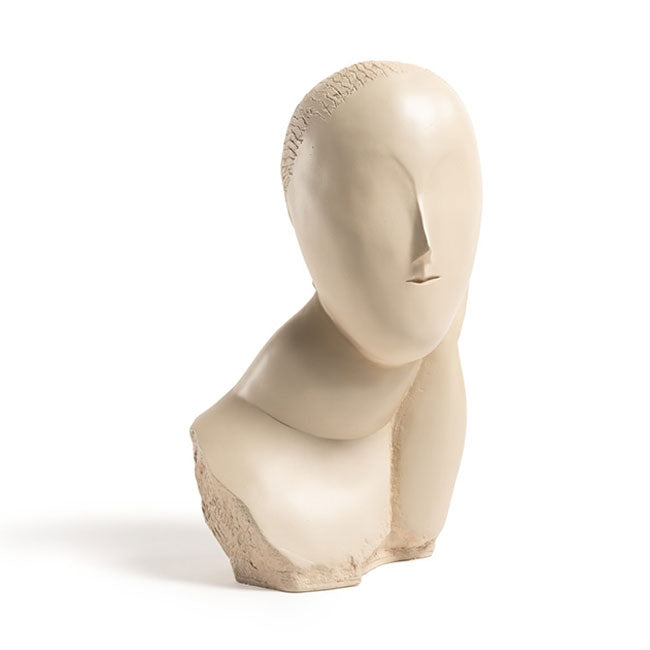 The Brancusi Reproduction Sculpture, The Muse, features a smooth beige finish with abstract, minimal facial details—no eyes, ears, or nose—and sits atop an unfinished-looking hand cast resin base.