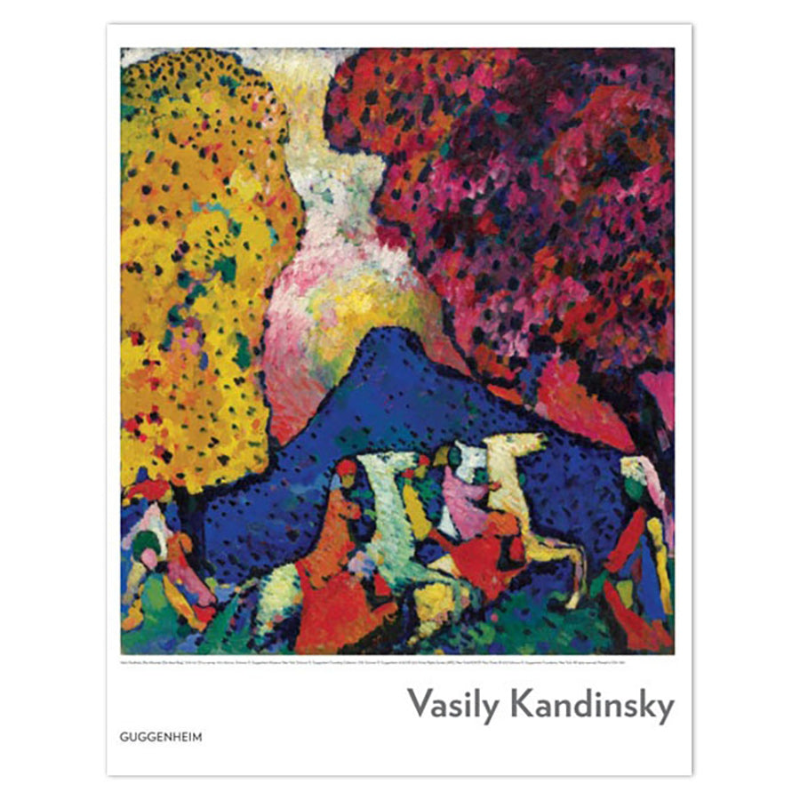 Vasily Kandinsky: Blue Mountain Poster features vibrant abstract figures, horses, and trees in bold reds, blues, yellows, and purples. Includes Kandinsky's name and the Guggenheim logo at the bottom—ready to frame for your space.