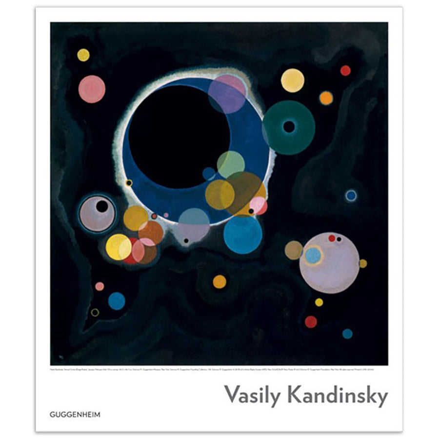 The Vasily Kandinsky: Several Circles Poster features overlapping colorful circles on a dark background, inspired by Kandinsky's iconic work. The Guggenheim logo at the bottom highlights its place in the museum's permanent collection.