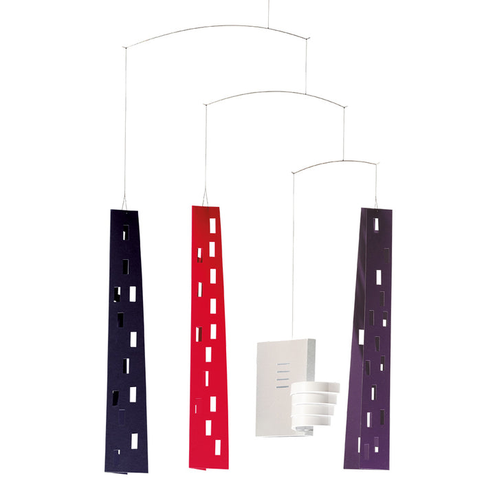 The Guggenheim Building Mobile by Flensted features four geometric shapes suspended by thin wires, echoing the New York City skyline with bold rectangles and minimal square cutouts inspired by iconic architecture.