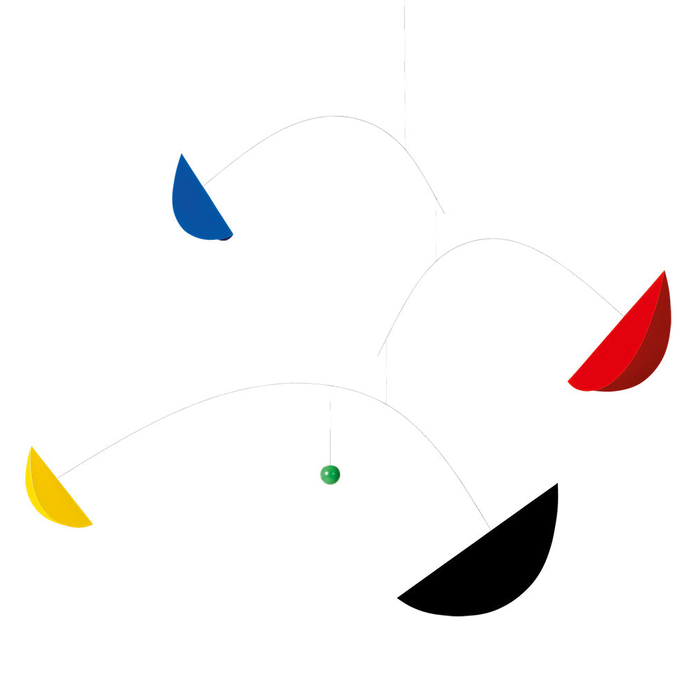 The Life & Thread Mobile by Flensted features four curved shapes in blue, red, yellow, and black suspended on thin wires with a small green sphere at the center, forming a colorful globe mobile against a white backdrop.