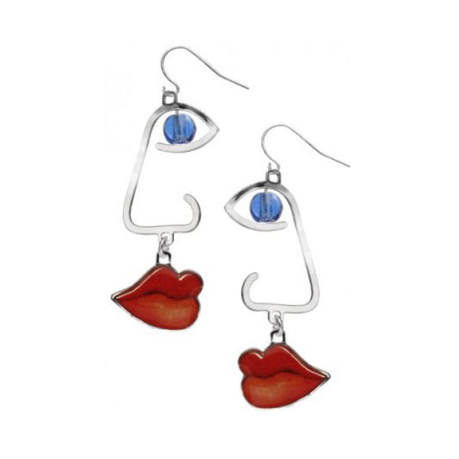 Cubist Faces Earrings feature abstract face shapes with a blue bead eye and red lips, crafted from silver-toned metal for a bold, Juan Gris-inspired cubist style.