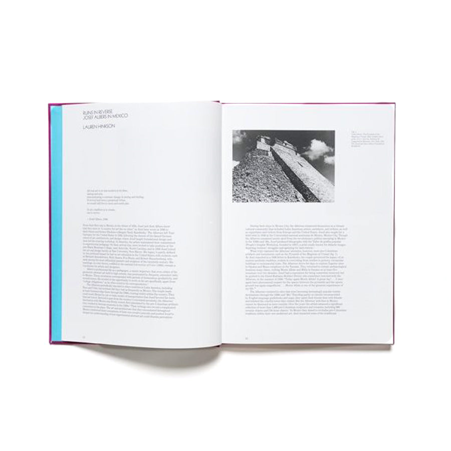 An open book titled "Josef Albers in Mexico" displays printed text and a black-and-white photo of a stone wall and sky, reflecting Albers’s fascination with pre-Columbian architecture, shown on a white background.