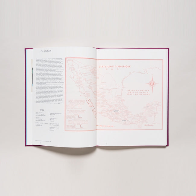 An open book displays a text page and a light red map of Mexico and the southern U.S. labeled in French, from "Josef Albers in Mexico," highlighting Albers’ interest in pre-Columbian architecture.