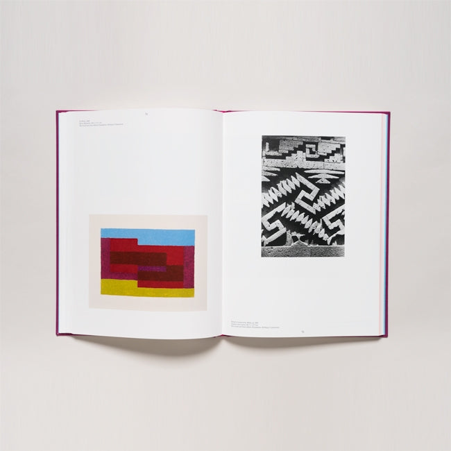An open book displays two abstract artworks: the left page features a colorful geometric composition from "Josef Albers in Mexico"; the right page presents a black-and-white zigzag and block pattern inspired by pre-Columbian architecture.