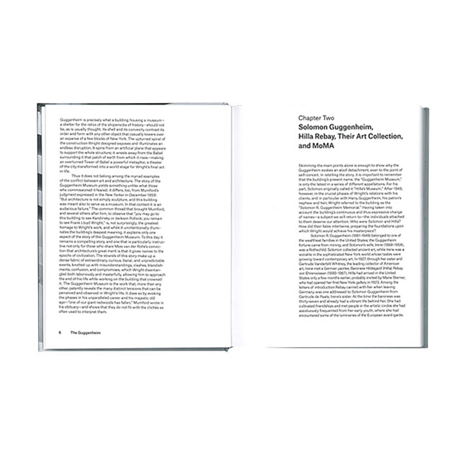 An open book from "The Guggenheim: Frank Lloyd Wright's Iconoclastic Masterpiece" displays left-page text and a right page titled Solomon Guggenheim, Hilla Rebay, Their Art Collection, and MoMA—highlighting Manhattan’s iconic museum.