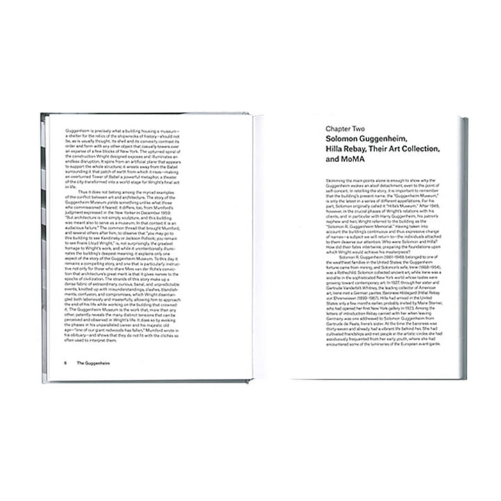 An open book from "The Guggenheim: Frank Lloyd Wright's Iconoclastic Masterpiece" displays left-page text and a right page titled Solomon Guggenheim, Hilla Rebay, Their Art Collection, and MoMA—highlighting Manhattan’s iconic museum.