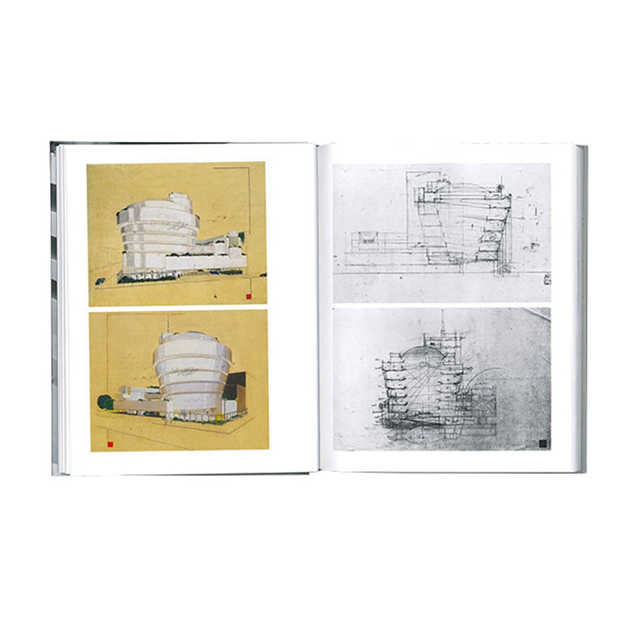 An open copy of "The Guggenheim: Frank Lloyd Wright's Iconoclastic Masterpiece" displays colorful sketches and blueprint-style drawings of the iconic Solomon R. Guggenheim Museum across its pages.