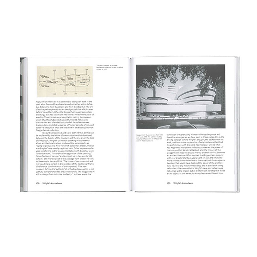 An open book titled "The Guggenheim: Frank Lloyd Wright's Iconoclastic Masterpiece" displays a diagram and text on the left page, and a black-and-white photo of Manhattan’s Guggenheim Museum with text below on the right.