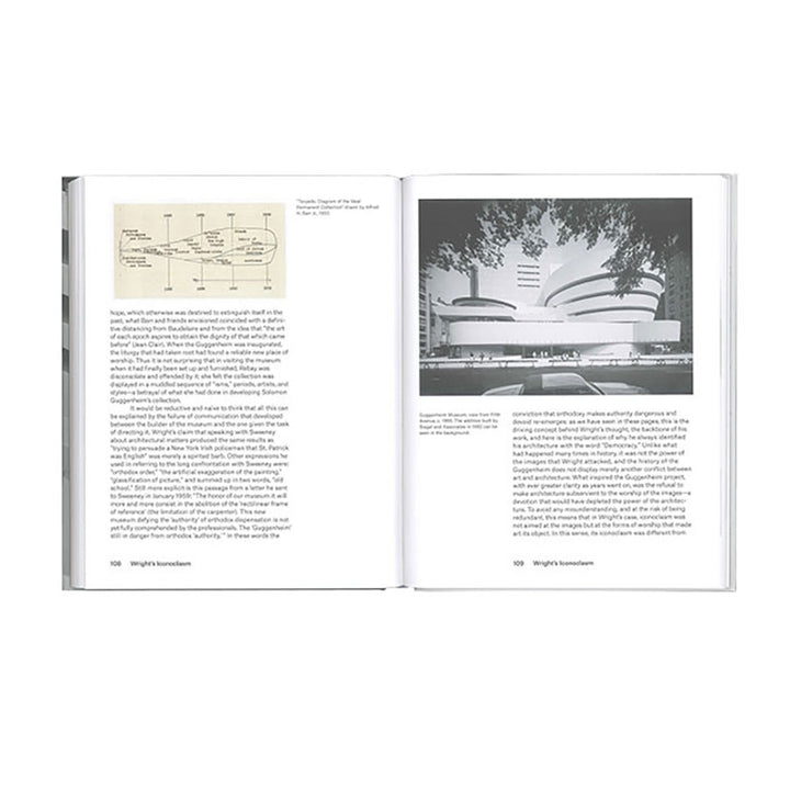 An open book titled "The Guggenheim: Frank Lloyd Wright's Iconoclastic Masterpiece" displays a diagram and text on the left page, and a black-and-white photo of Manhattan’s Guggenheim Museum with text below on the right.