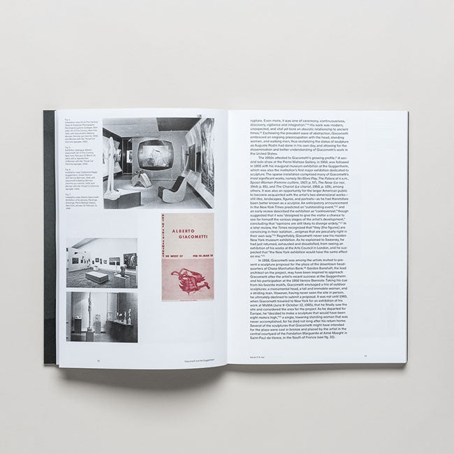 An open magazine displays black-and-white photos of Giacometti sculptures and a red "Giacometti" book cover on the left, with a single-column text block on the right, all set against a light background.