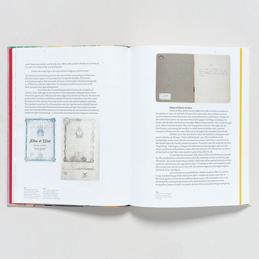 An open spread of "Hilma af Klint: Paintings for the Future" displays a blue ornate title illustration inspired by Hilma af Klint and a pencil drawing on the left, with scanned handwritten documents and printed text on the right page.