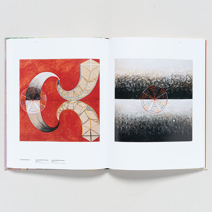 An open copy of "Hilma af Klint: Paintings for the Future" reveals two modernist-inspired artworks—one with geometric shapes on a red background, the other reminiscent of Hilma af Klint, featuring circles and intersecting lines.