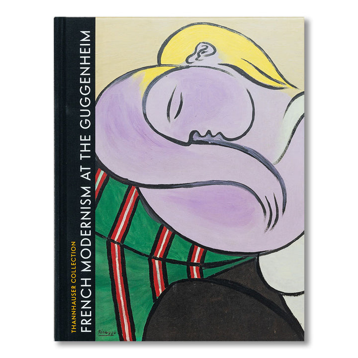 The image shows the book cover of "Thannhauser Collection: French Modernism at the Guggenheim," featuring a modern art abstract painting of a woman with light purple skin and blonde hair set against a patterned background.