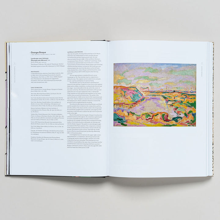 An open art book displays text on the left and a vivid Impressionist landscape on the right, evoking the colorful French modernism showcased in the Thannhauser Collection: French Modernism at the Guggenheim.