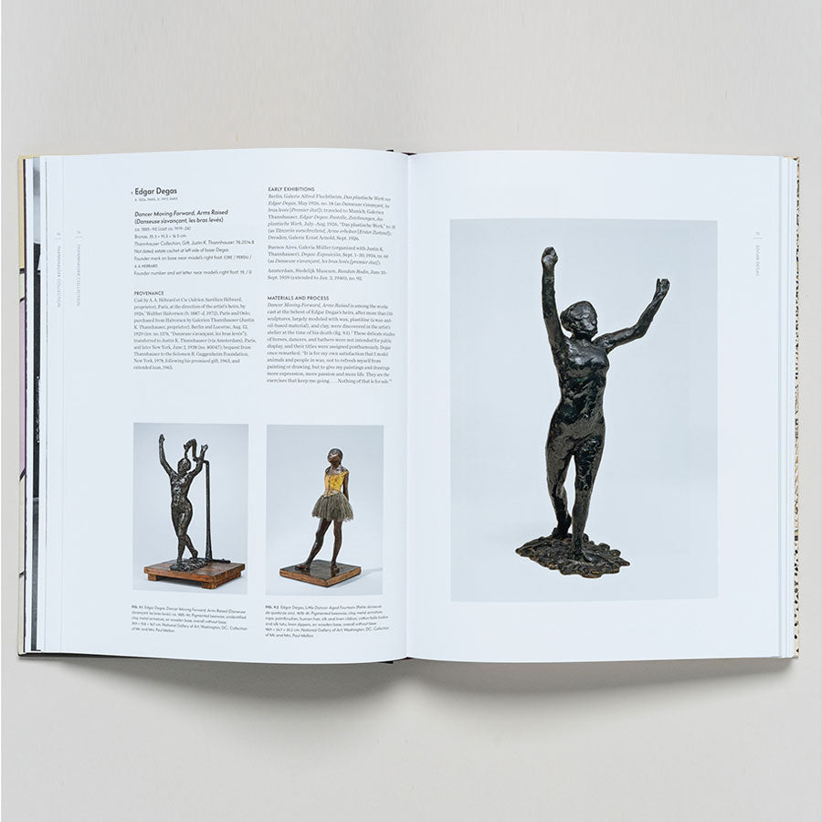 An open copy of "Thannhauser Collection: French Modernism at the Guggenheim" shows images and descriptions of sculptures, featuring two bronze ballerinas on the left page and a larger bronze figure with one arm raised on the right.
