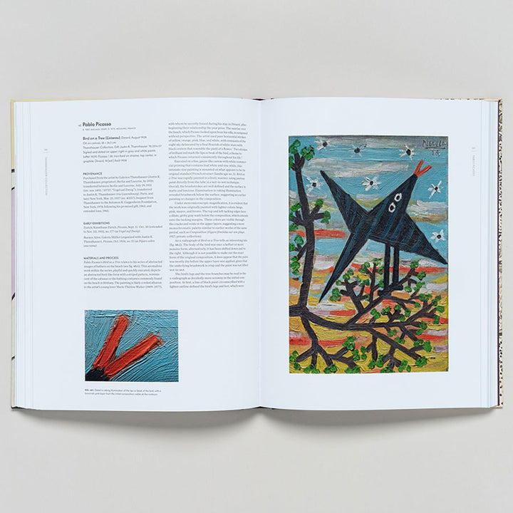 An open art book, "Thannhauser Collection: French Modernism at the Guggenheim," shows text on the left and a vivid painting of a black bird on a branch at sunset on the right, inspired by modern art from this renowned collection.