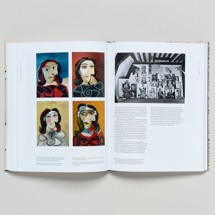 The open book "Thannhauser Collection: French Modernism at the Guggenheim" displays four Picasso-style portraits of a woman on the left page in a grid, and a black-and-white photo of artworks at the Guggenheim with descriptive text on the right.