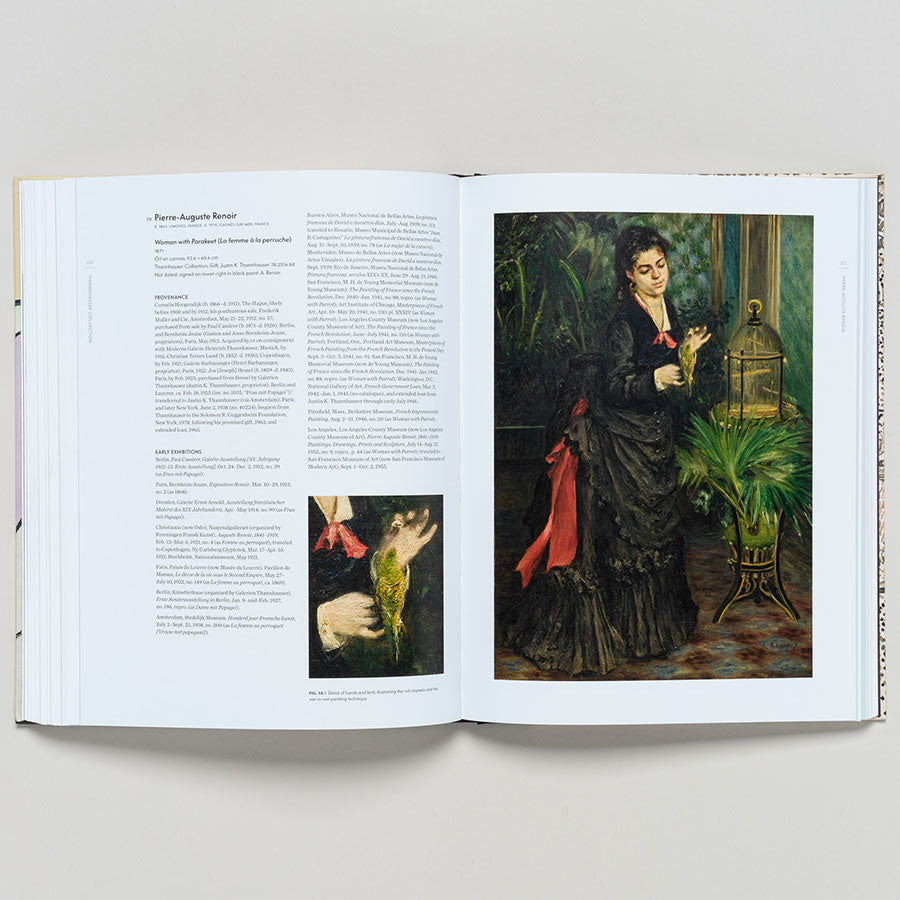 An open art book, *Thannhauser Collection: French Modernism at the Guggenheim*, shows text on Pierre-Auguste Renoir opposite a painting of a woman in a black dress by a birdcage, surrounded by greenery.