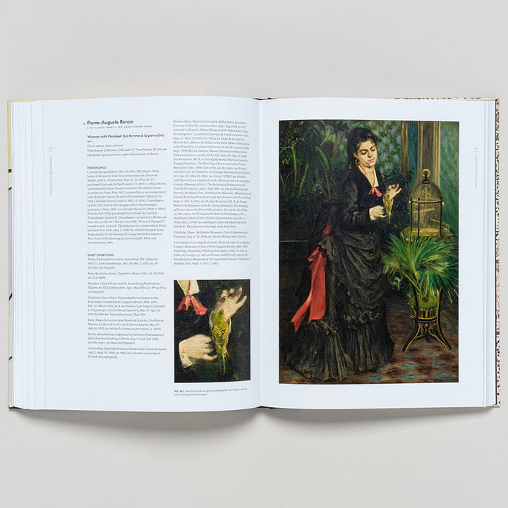 An open art book, *Thannhauser Collection: French Modernism at the Guggenheim*, shows text on Pierre-Auguste Renoir opposite a painting of a woman in a black dress by a birdcage, surrounded by greenery.