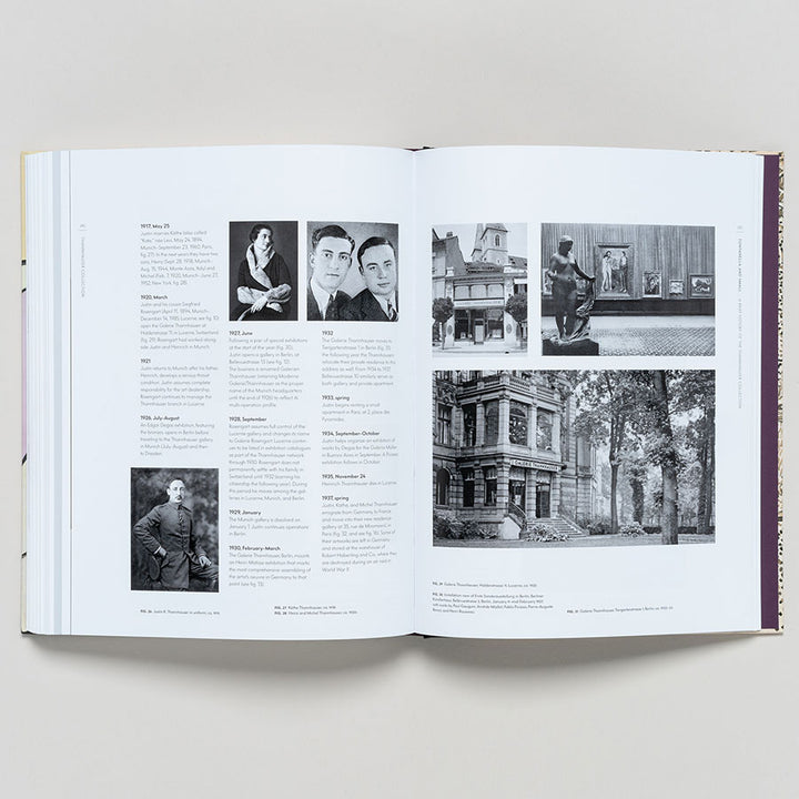 An open book of "Thannhauser Collection: French Modernism at the Guggenheim" shows a clean, white-layout timeline with historical photos and text highlighting key moments and the collection's impact on modern art.