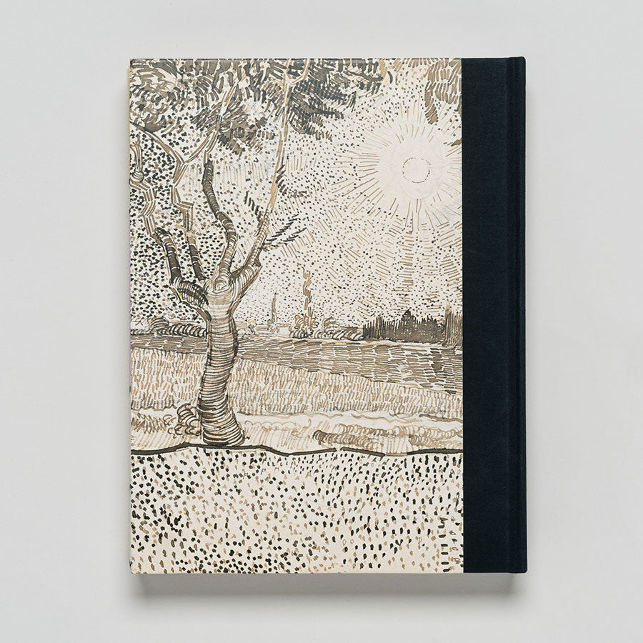 The hardcover book "Thannhauser Collection: French Modernism at the Guggenheim" has a black spine and a cover with a line drawing of a tree, field, and sun inspired by Van Gogh’s sketch style and modern art in the Thannhauser Collection.