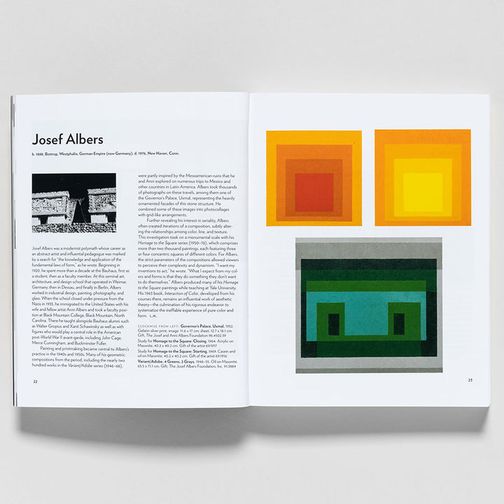 An open copy of "Guggenheim Museum Collection: A to Z (revised edition)" displays a page on Josef Albers by Nancy Spector, alongside three abstract geometric artworks with layered squares in yellow, orange, green, and black.