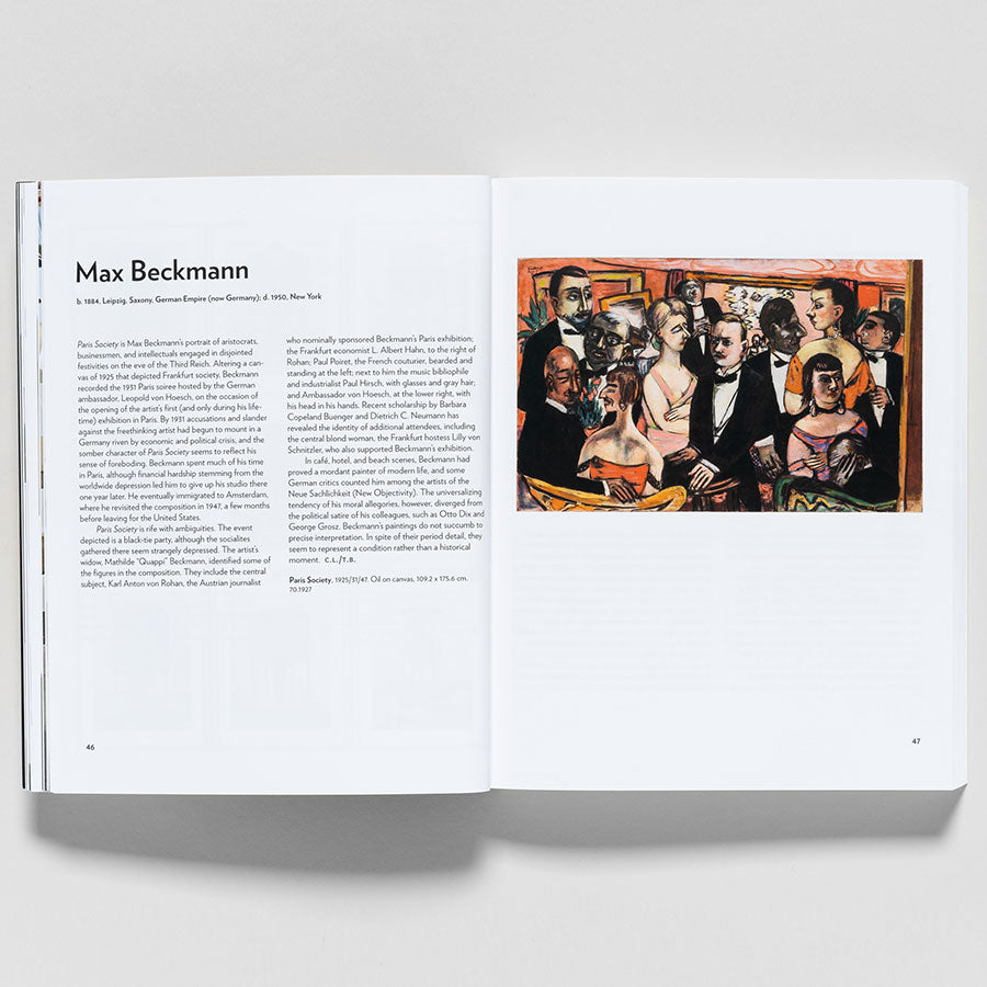 An open book from Guggenheim Museum Collection: A to Z (revised edition) displays a Max Beckmann text on the left and a vivid scene of elegantly dressed people on the right, set against a light gray background. Insights by Vivien Greene are included.