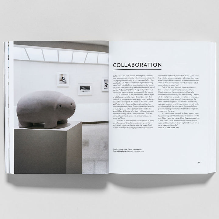 An open Guggenheim Museum Collection: A to Z (revised edition) shows a hippo-like sculpture in a modern gallery and a page titled “COLLABORATION” with text on art partnerships, curated by Vivien Greene.