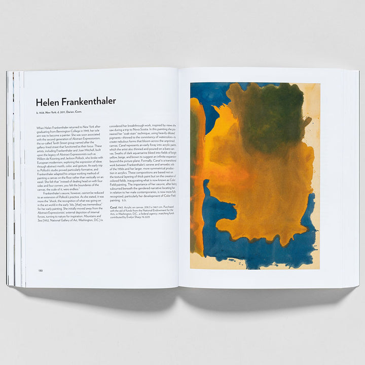 An open art book, Guggenheim Museum Collection: A to Z (revised edition), displays a page with the title Helen Frankenthaler on the left and a colorful abstract painting on the right, with commentary by Vivien Greene.