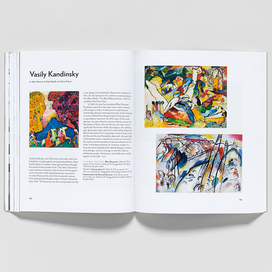 An open copy of "Guggenheim Museum Collection: A to Z (revised edition)" displays a Vasily Kandinsky section with text by Vivien Greene on the left and three vibrant abstract paintings on the right.