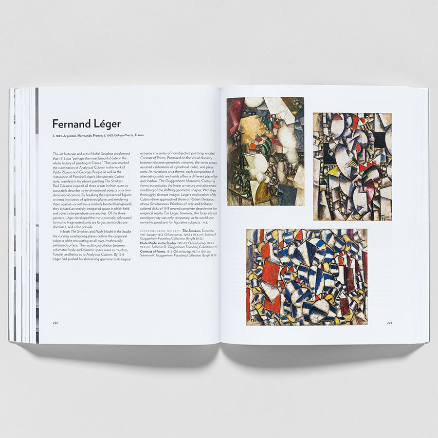 An open book from "Guggenheim Museum Collection: A to Z (revised edition)" shows a Fernand Léger page—text on the left, three abstract colorful cubist paintings on the right—with commentary by Vivien Greene and Nancy Spector.