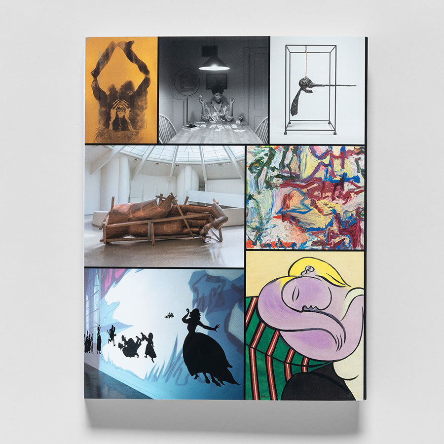 A grid of eight diverse Guggenheim artworks—abstracts, sculptures, silhouettes, and vivid black-and-white images—on white background, inspired by curators Vivien Greene and Nancy Spector. From Guggenheim Museum Collection: A to Z (revised edition).