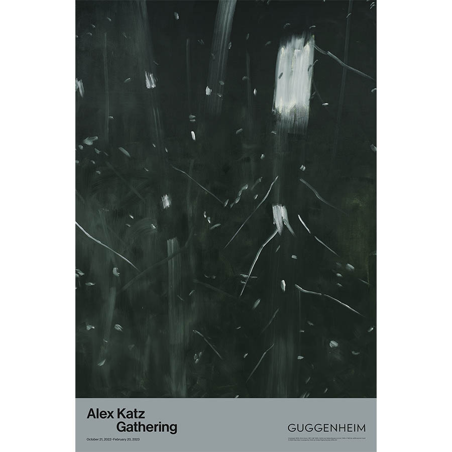 Poster titled "Alex Katz: Crosslight" featuring an abstract painting with a dark green background, white brushstrokes, scattered lines, and gray text: “Gathering Exhibition, Guggenheim, October 21, 2022–February 20, 2023.”.