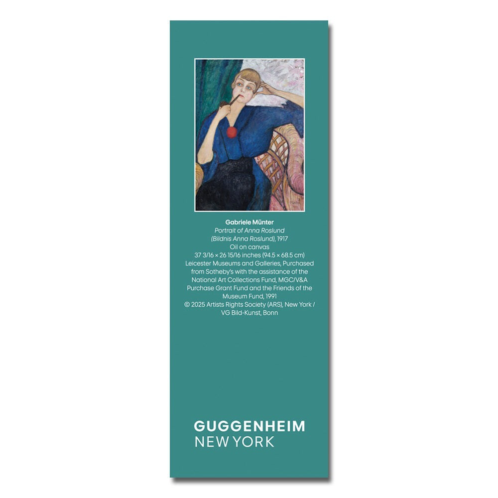 The Gabriele Münter, Portrait of Anna Roslund Bookmark features her 1917 painting on teal laminate, with artwork details in white below and "GUGGENHEIM NEW YORK" at the bottom. Double-sided print design.