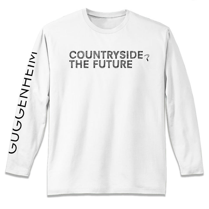 The unisex Countryside Exhibition Long-Sleeve Shirt features “COUNTRYSIDE THE FUTURE?” in distressed black on the front and a bold “GUGGENHEIM” down the left sleeve.