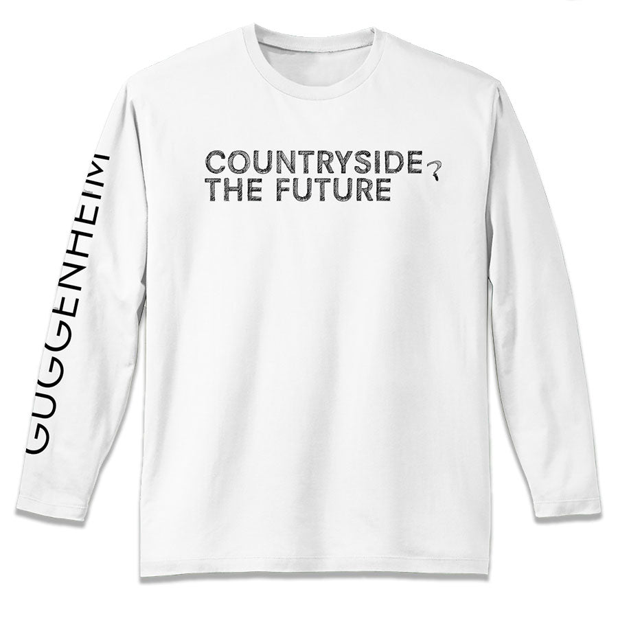 The Countryside Exhibition Long-Sleeve Shirt, Unisex, showcases distressed black COUNTRYSIDE THE FUTURE? text on the front and a vertical GUGGENHEIM print on the left sleeve.