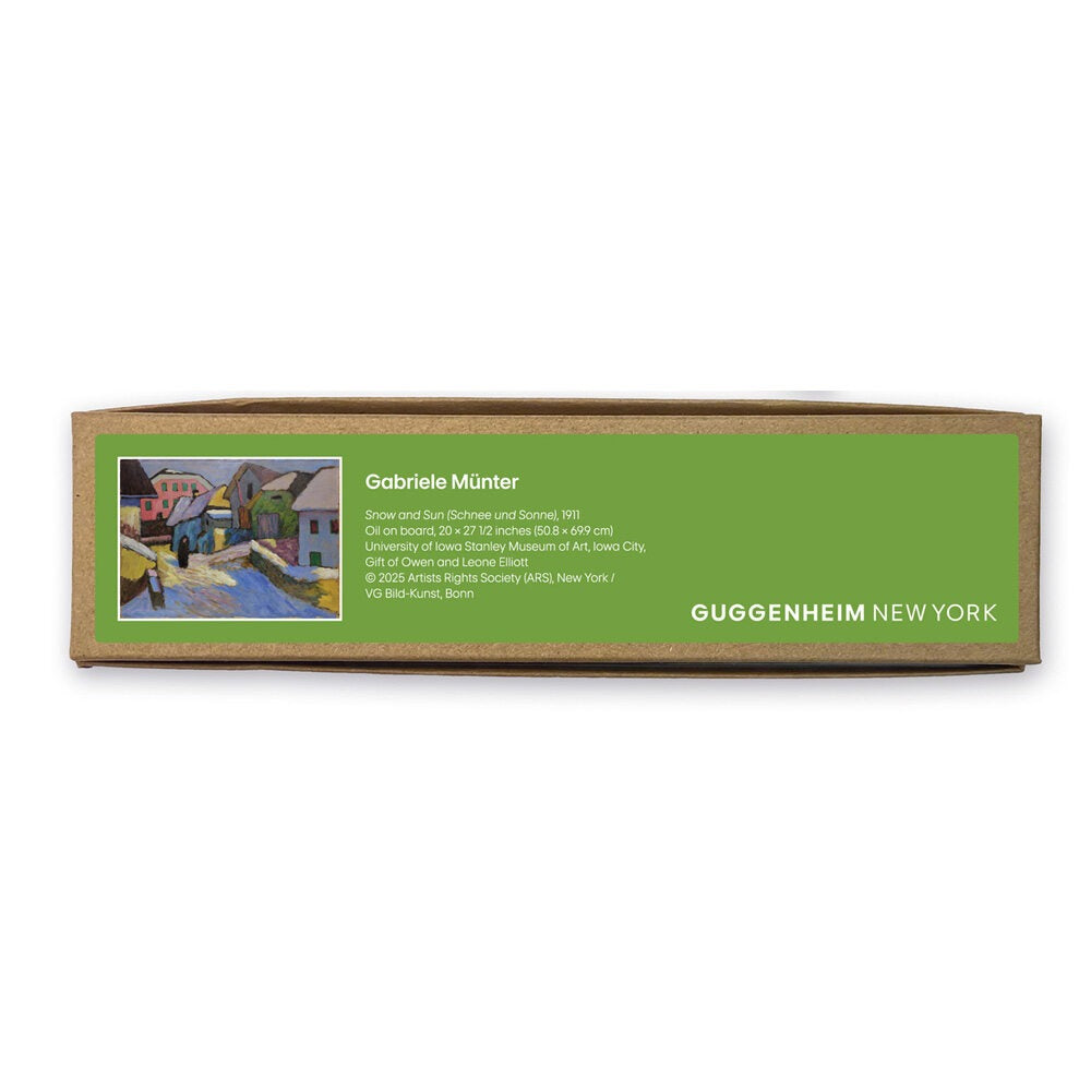 A brown box side displays a green label with info about Gabriele Münter and a small image of her "Snow and Sun" painting. The eco-friendly Gabriele Münter, Snow and Sun Colored Pencils set features the Guggenheim New York logo on the right.