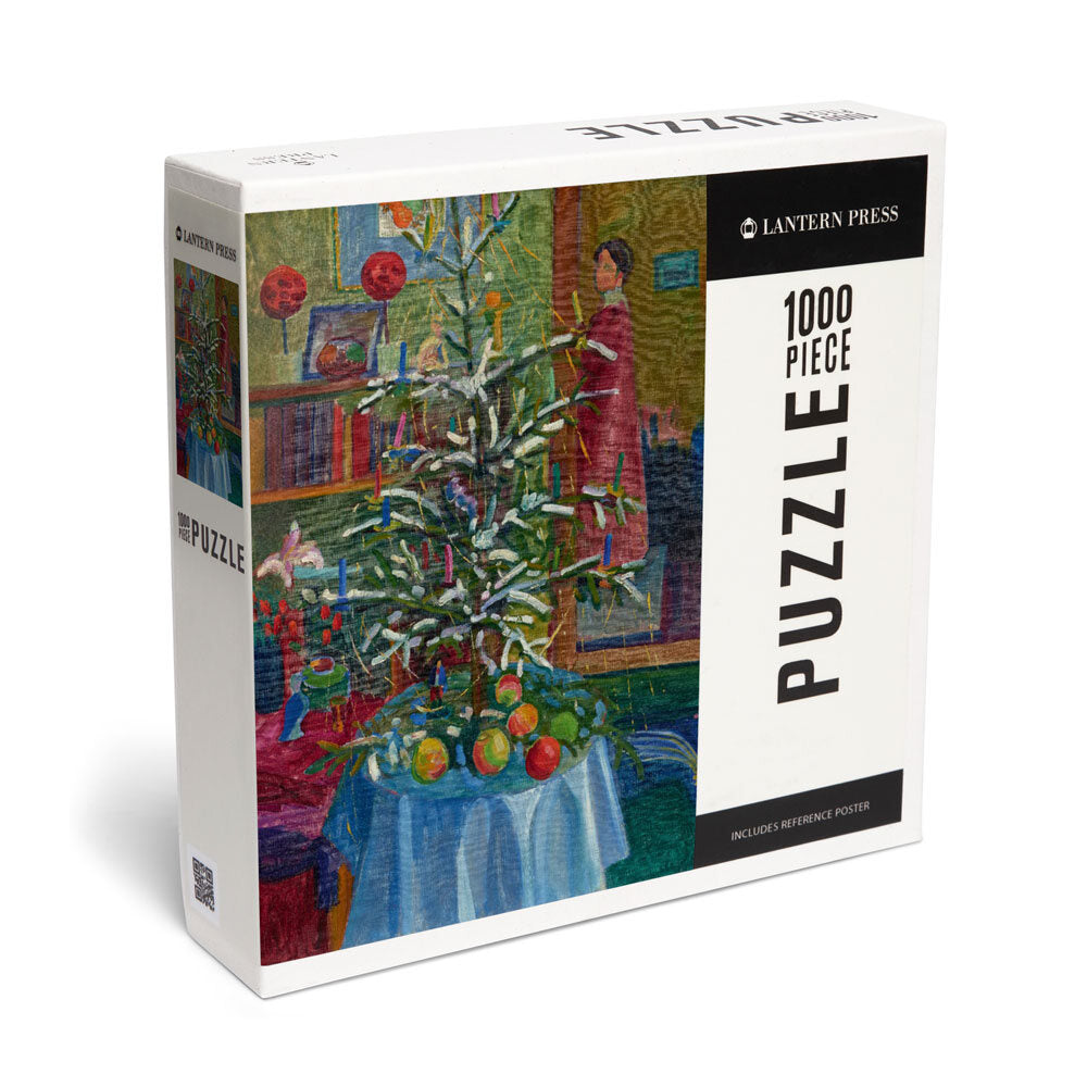 The Gabriele Münter, Christmas Still Life Puzzle is a 1000-piece Lantern Press puzzle featuring festive indoor artwork with a decorated tree, candles, ornaments, and fruit. Includes reference poster and crafted from premium puzzle board.