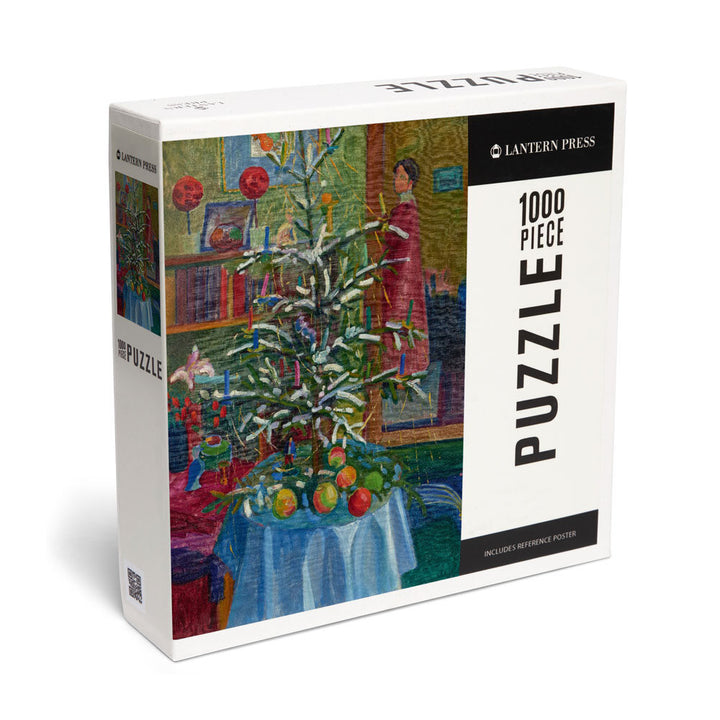 The Gabriele Münter, Christmas Still Life Puzzle is a 1000-piece Lantern Press puzzle featuring festive indoor artwork with a decorated tree, candles, ornaments, and fruit. Includes reference poster and crafted from premium puzzle board.