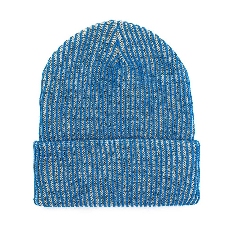 The Simple Rib Knit Beanie in cobalt features blue and gray vertical stripes, a folded brim, and is made from machine-washable acrylic. Shown on a white background.