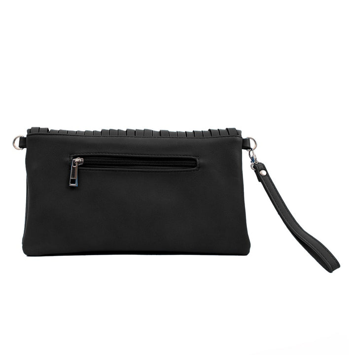 Guggenheim Museum Black Crossbody Rainbow Purse with wrist strap, front zipper pocket, and ribbed top edge.