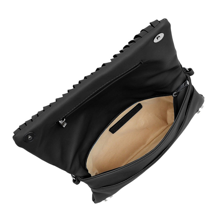 Guggenheim Museum Black Crossbody Rainbow Purse with beige interior and zip pocket, shown open from above.