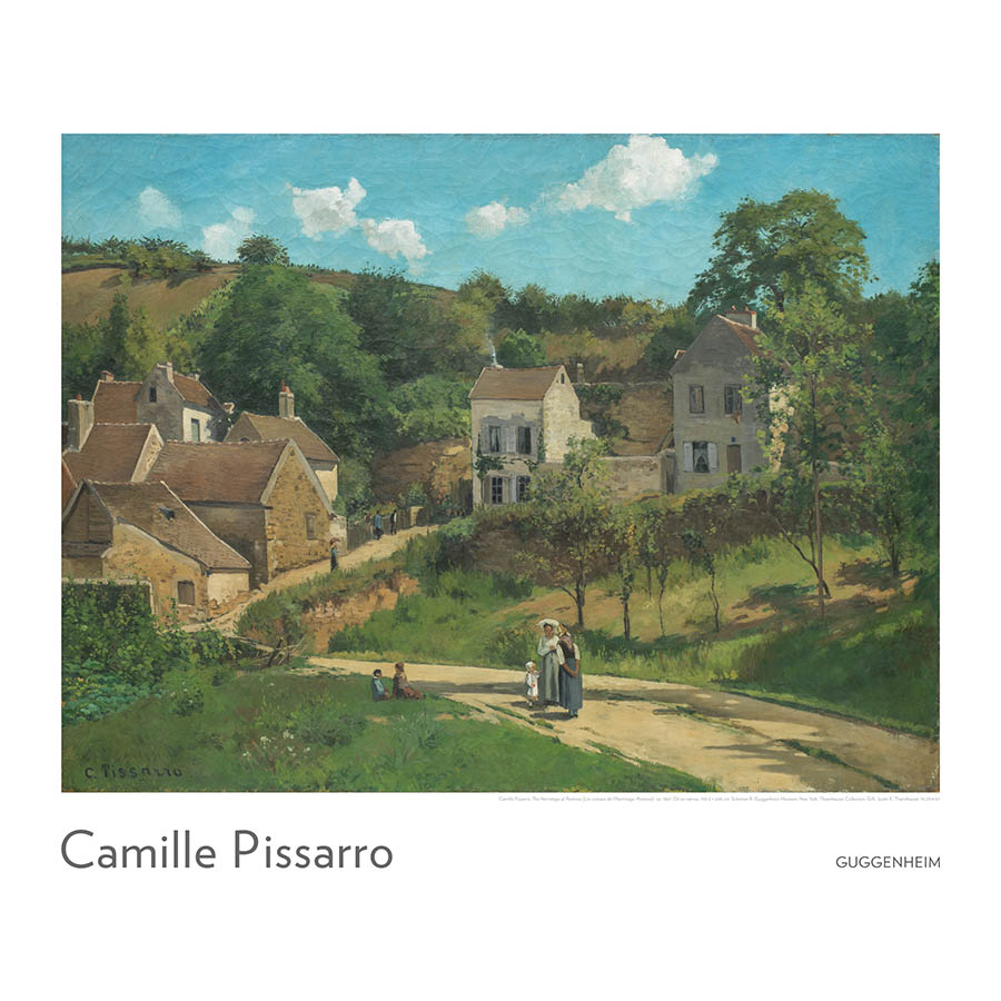 The Camille Pissarro: The Hermitage at Pontoise Poster features a sunlit rural village with stone houses, trees, and people strolling along a winding road. Inspired by the artwork in the Guggenheim Permanent Collection.