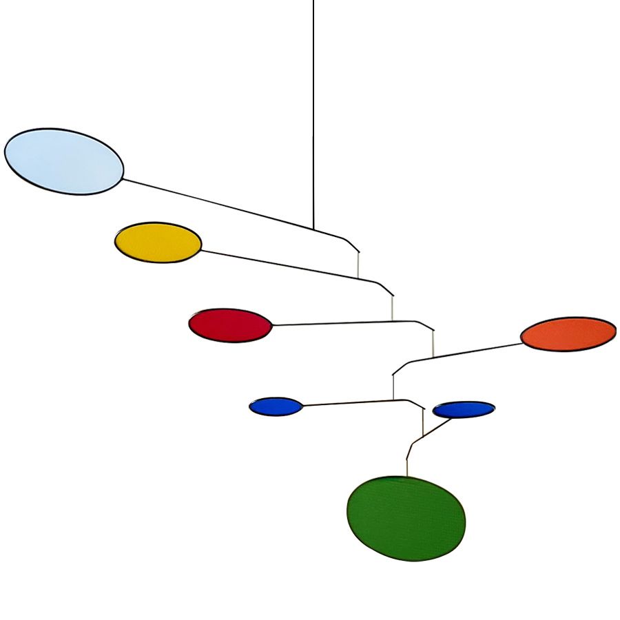 The Lumen Mobile by Hotchkiss is a contemporary kinetic art piece with seven flat, oval shapes in vibrant light blue, yellow, red, blue, green, and orange, suspended from thin rods in a balanced modern abstract design.