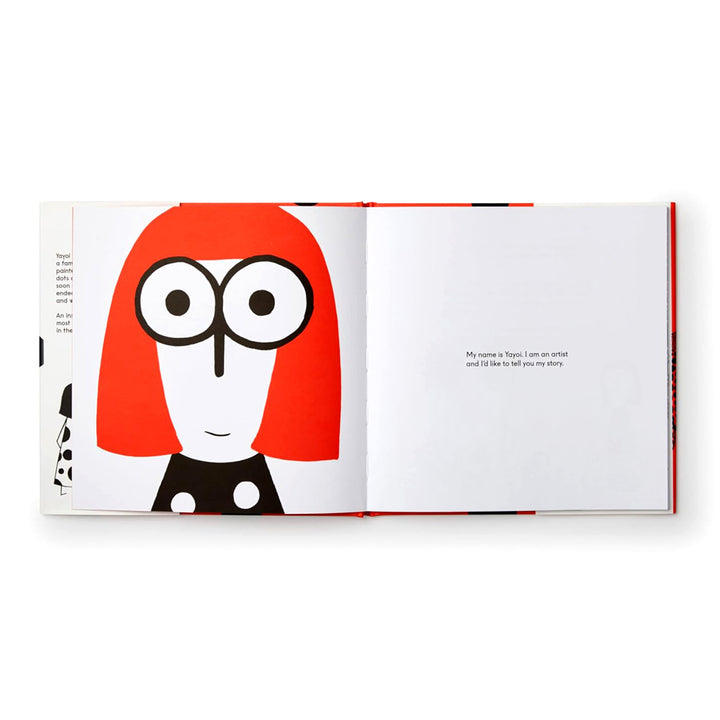 Open children's book "Yayoi Kusama Covered Everything in Dots and Wasn't Sorry" by Guggenheim Museum, art on left page.