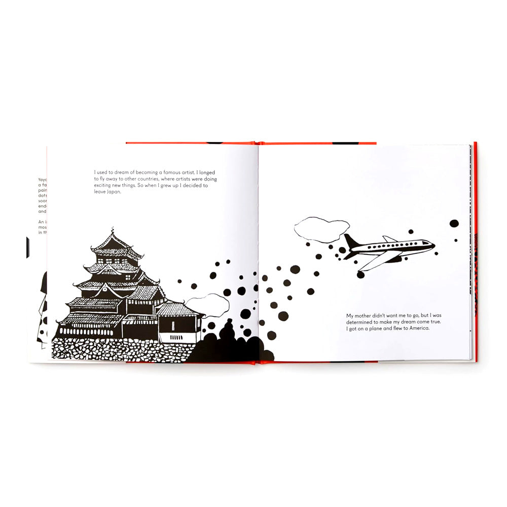 Open book, "Yayoi Kusama Covered Everything in Dots and Wasn't Sorry" by Guggenheim Museum, with B&W drawings.